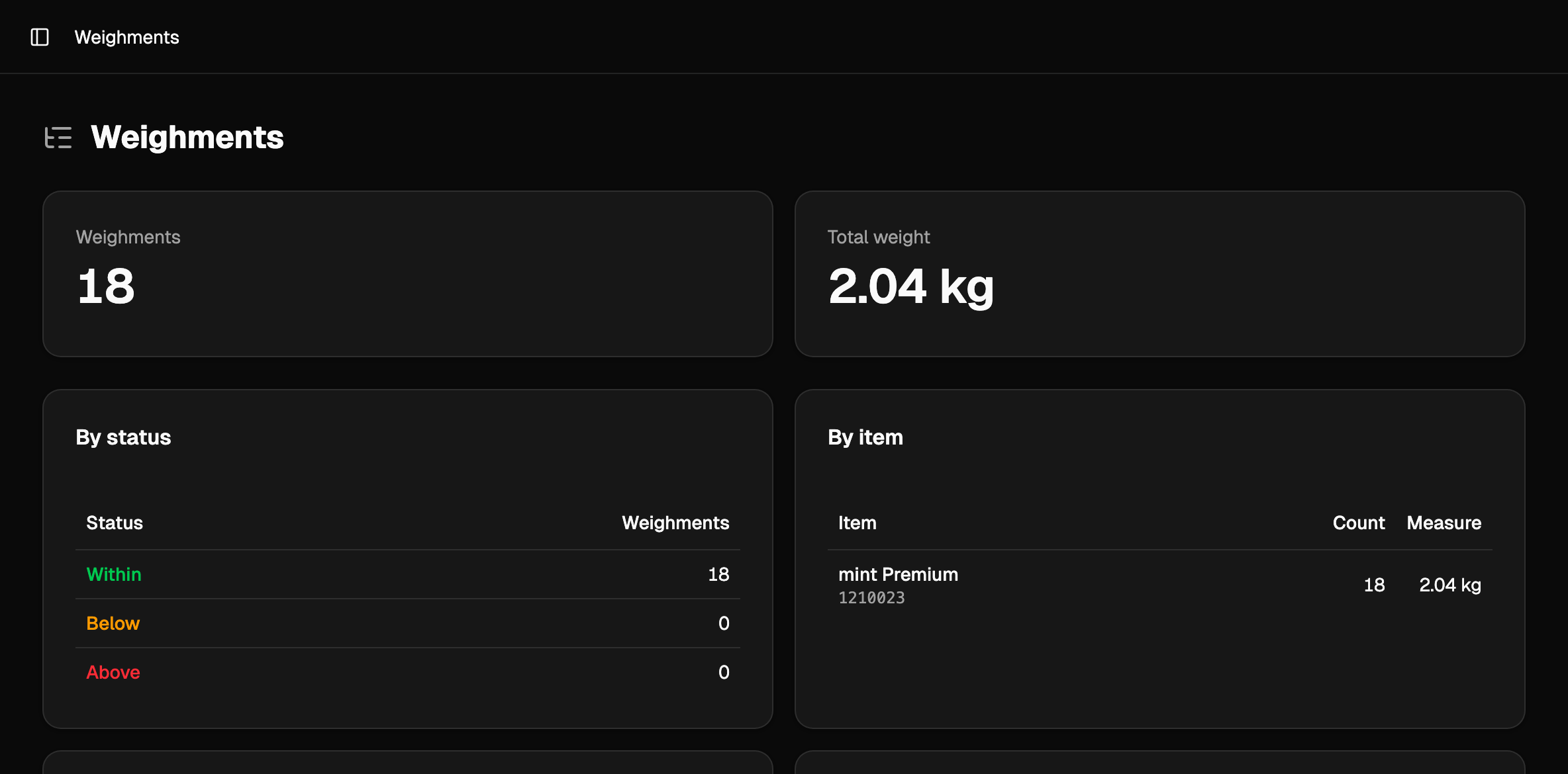 The web console's records view, with totals broken down by status and by item